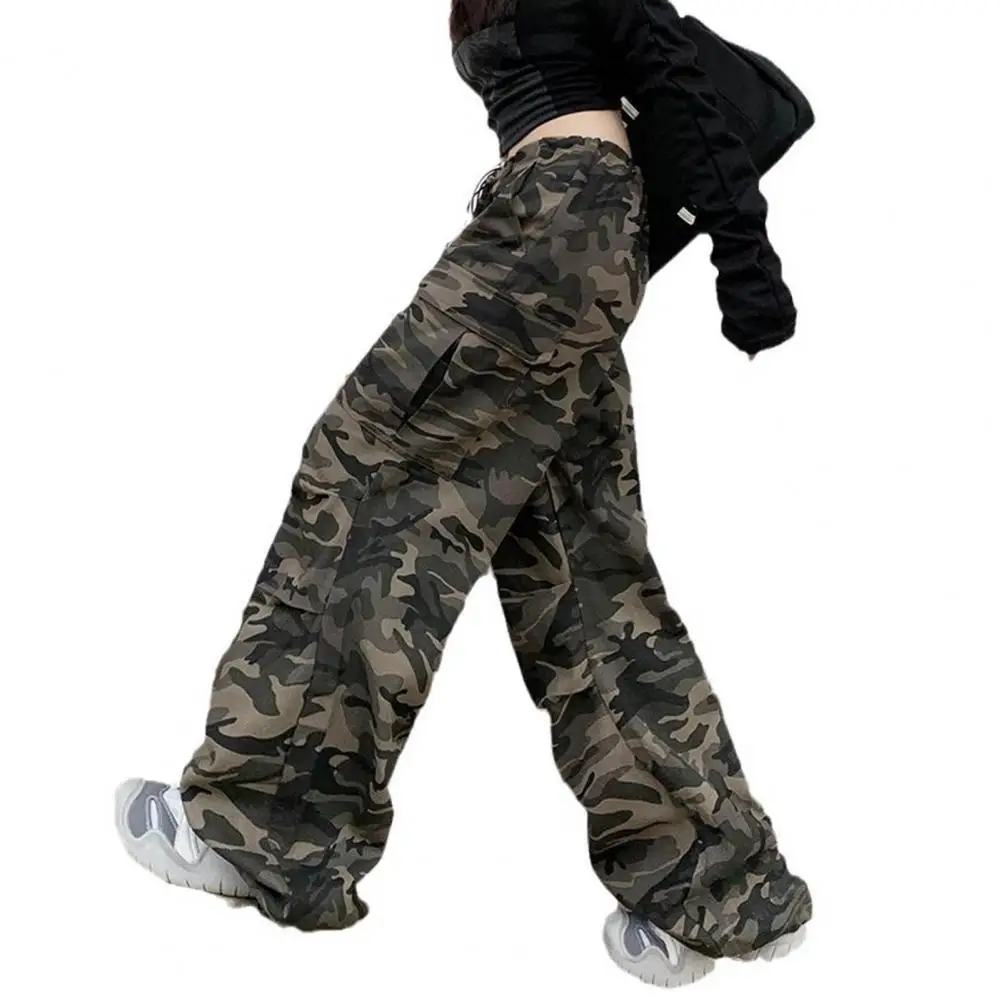 Sporty Pants Wide-leg Trousers Versatile Women's Camouflage Cargo Pants Elastic High Waist Adjustable Drawstring for Camping