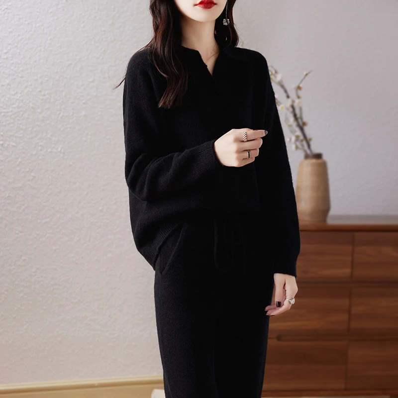 100% Pure Wool Knitted Suit Women\'s 24 Autumn Winter New Fashion POLO Collar Pullover Sweater Commuting Calf Pants Two-Piece Set