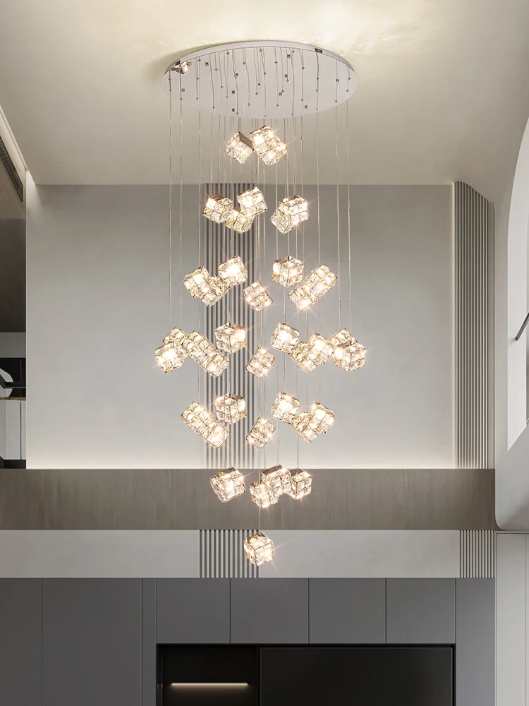 Modern Light Luxury K9 Crystal Villa Living Room Elevated loft Apartment Jumping Floor Rotating Hotel Duplex Floor Pendant Light