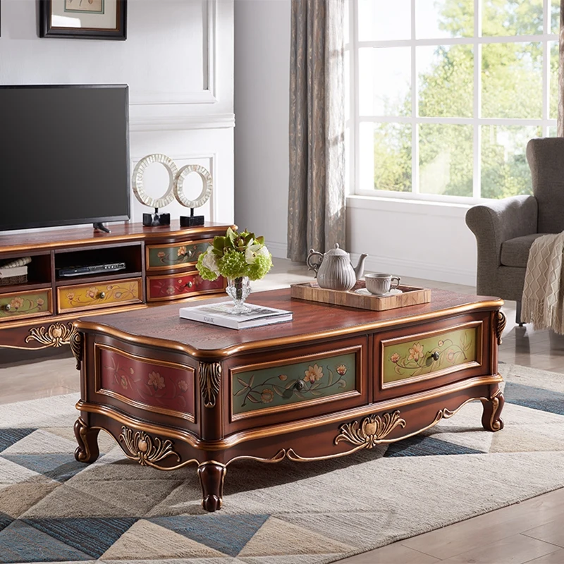 

European coffee table solid wood hand-painted TV cabinet American painting living room retro engraved rectangular 1.3 furniture