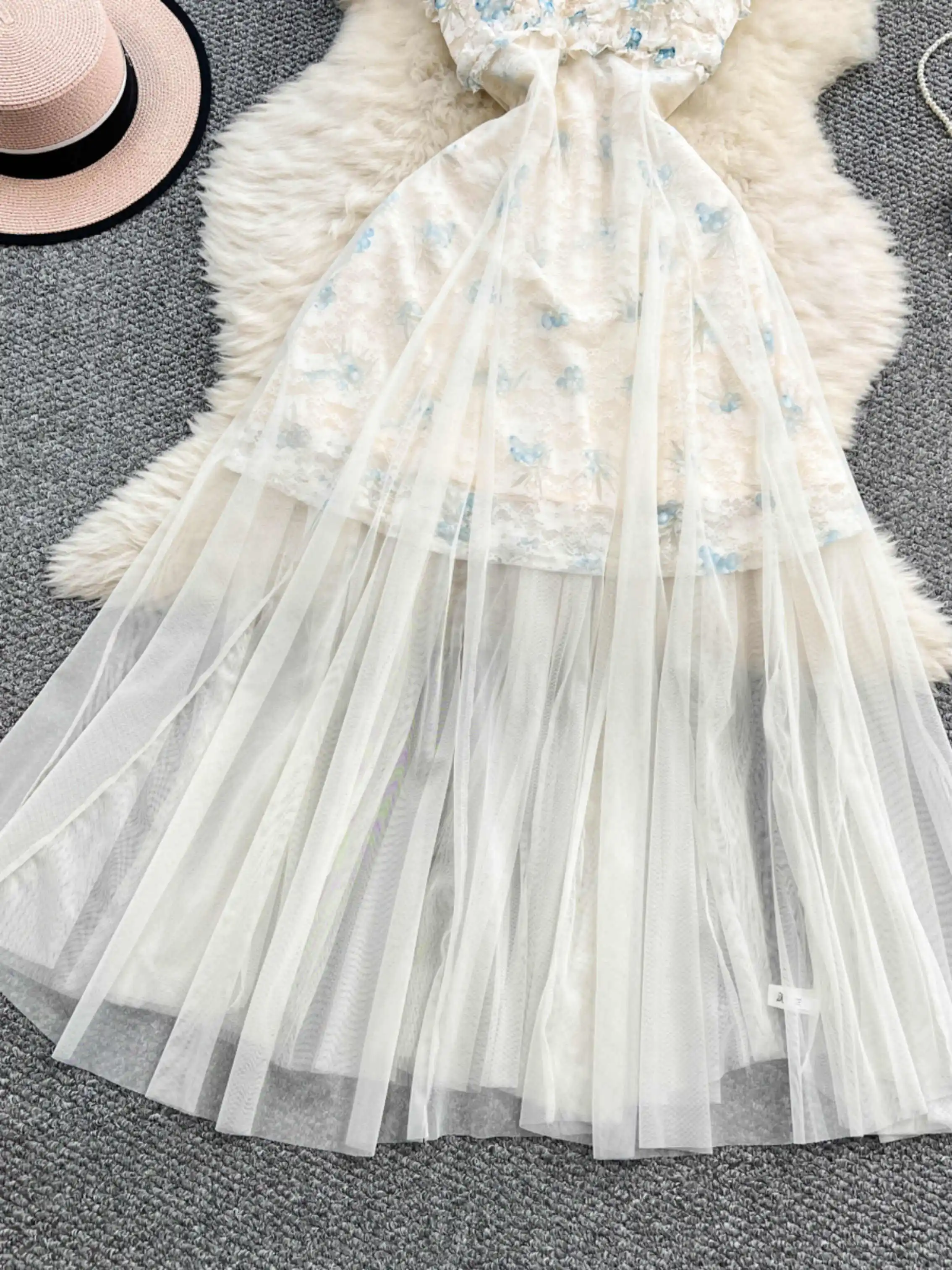 ผู้หญิงดอกไม้พิมพ์ A-Line Sundress Vintage Off ไหล่ตาข่าย Patchwork ลูกไม้ชุดยาว Y2k One Piece Frocks 2000s เสื้อผ้า 2025