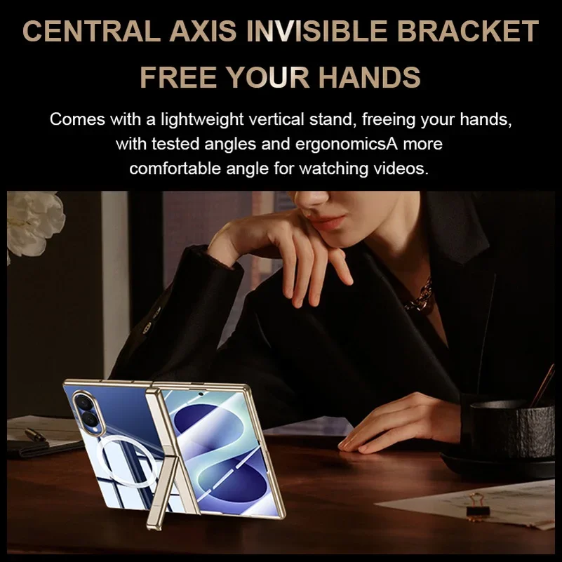 Central Axis Side Bracket Clear Case For Samsung Galaxy Z Fold 8 Fold8 Ultra Magnetic Ring Plated Frame Glass Protective Cover