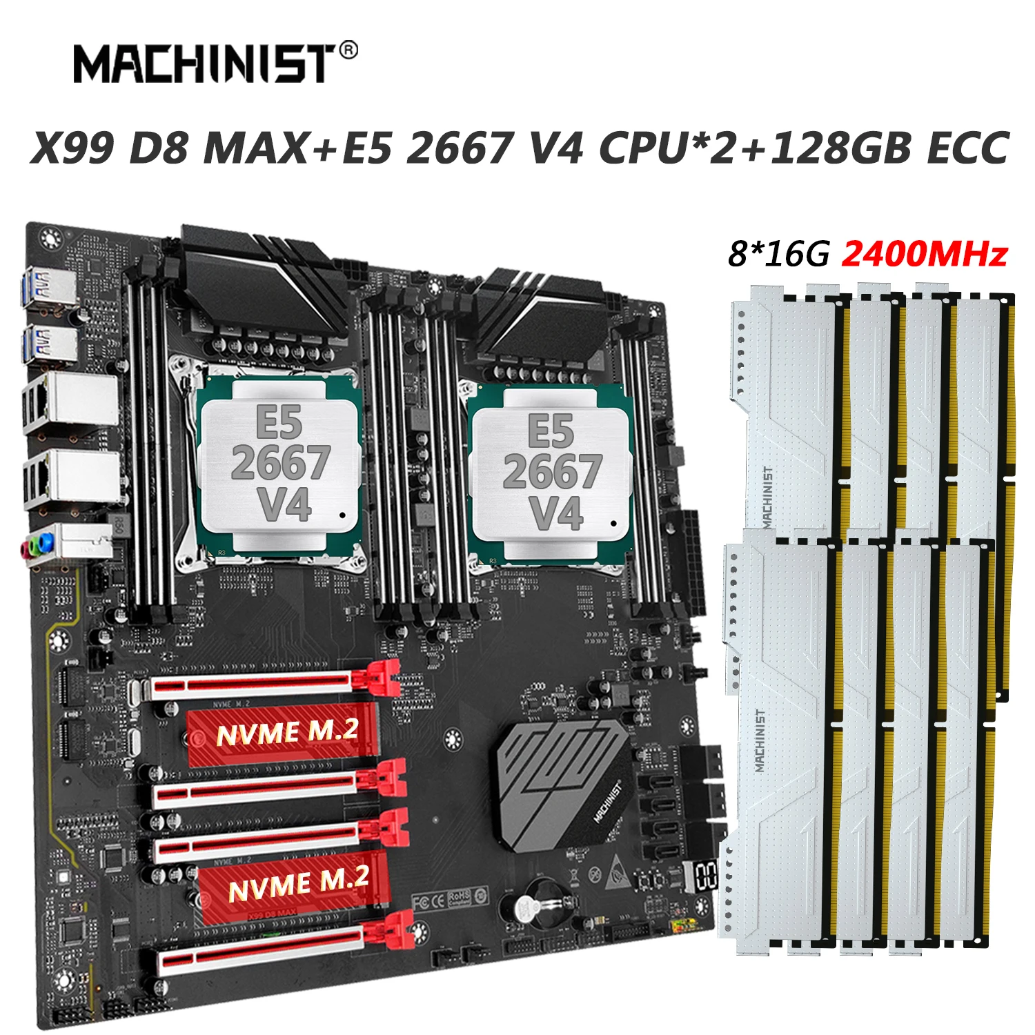 

MACHINIST D8 MAX X99 Dual CPU Motherboard X99 Combo LGA2011-3 Xeon Kit E5 2667 V4 CPU DDR4 RAM 128GB 2400MHz Memory SSD NVME M.2