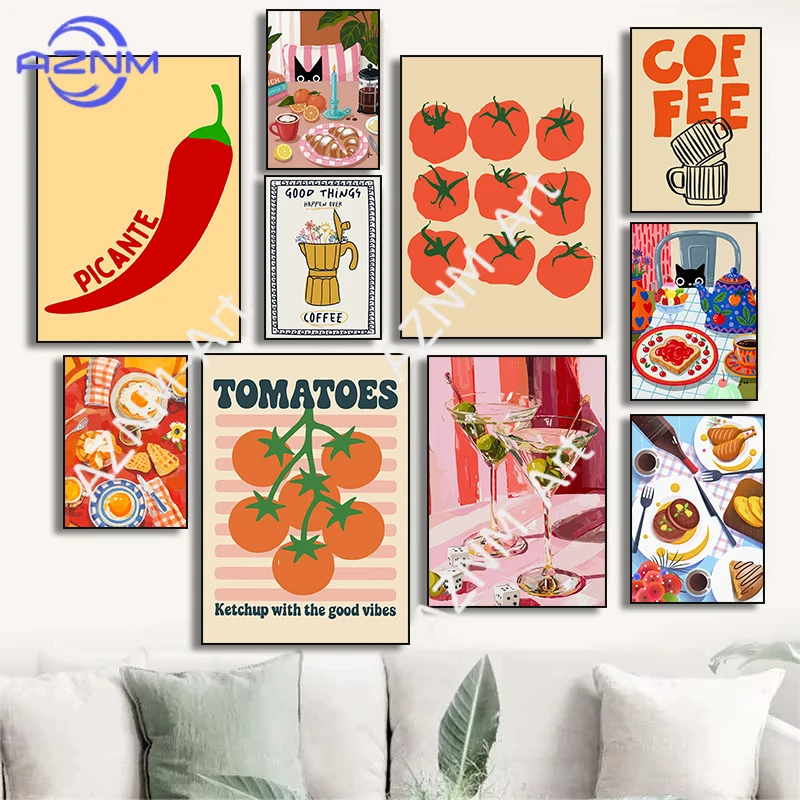 Chili-Pfeffer-Tomaten-Frühstücksillustration: Gute Dinge passieren über Kaffee – Kunstposter, Leinwanddruck, Wanddekoration für die Küche