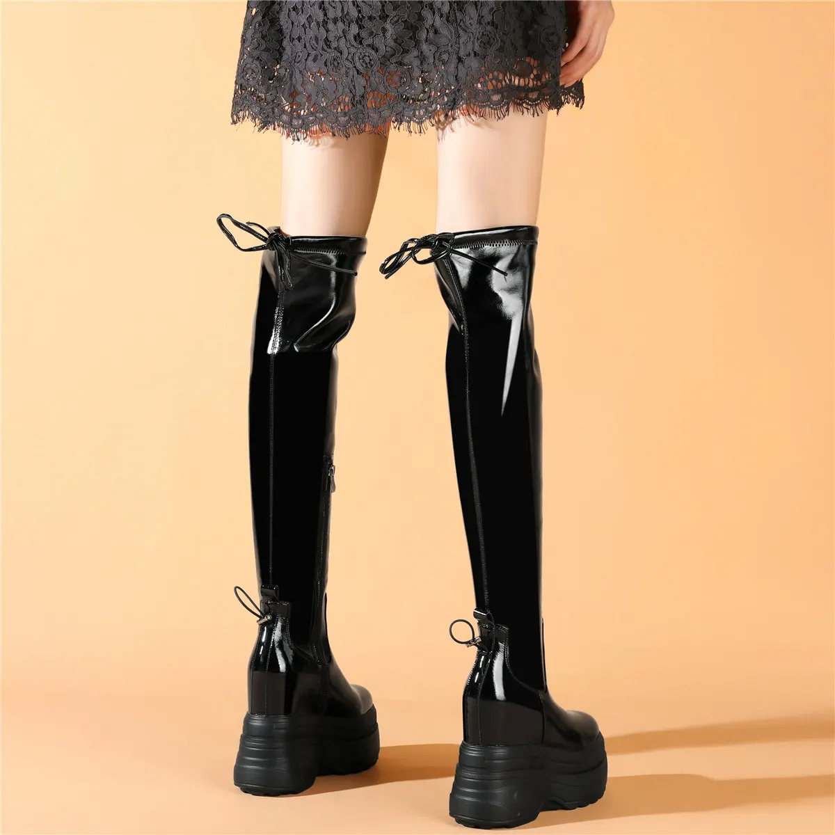 Winter Plus size Shoes Women Patent Leather Wedges High Heel Over The Knee Boots Female Round Toe Platform Pumps Big Size Shoes