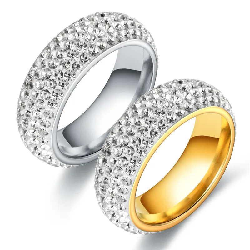 Luxury Sparkly Iced Out Ring for Women Men Golden Stainless Steel Full Rhinestone Crystal Pavé Band Ring Hip Hop Jewelry Gift