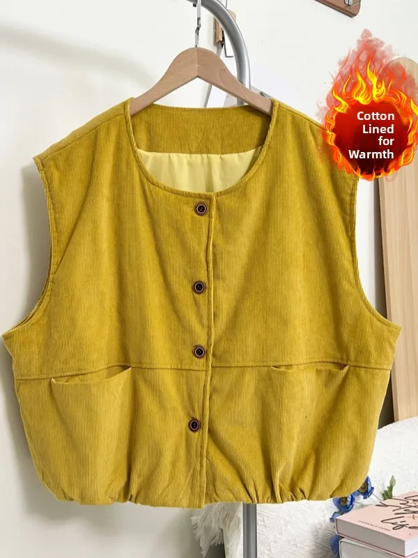 Chaleco Retro de Pana para Mujer, Talla Grande, Cuello Redondo, Dobladillo con Cordón, Doble Bolsillo, Hombreras, Cálido, Casual, Prenda Exterior