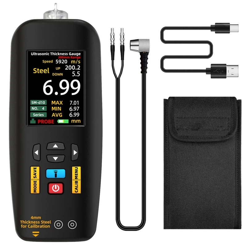 

ABYN-Ultrasonic Thickness Gauge, 1-300 Mm Range With Color Display, With Probe For Measuring Metal Steel Silver Plastic PVC