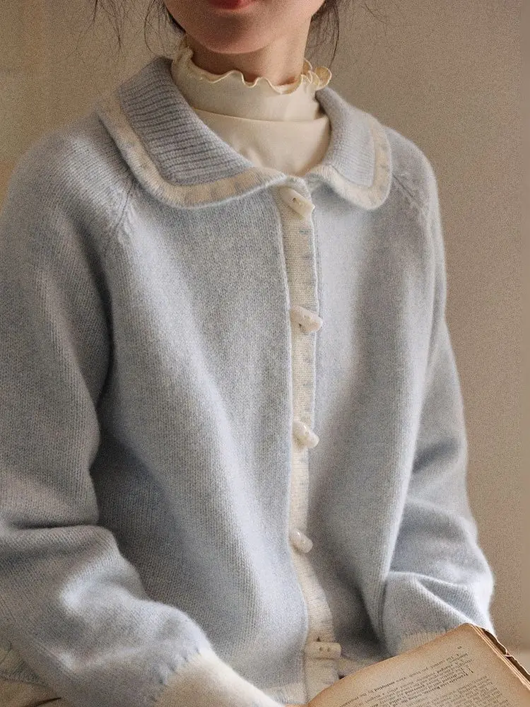 Korobov Milk Blue Horn Button Cardigan Women Winter Temperament Sweater New Loose Lazy Gentle Doll Collar Knitwears Coat