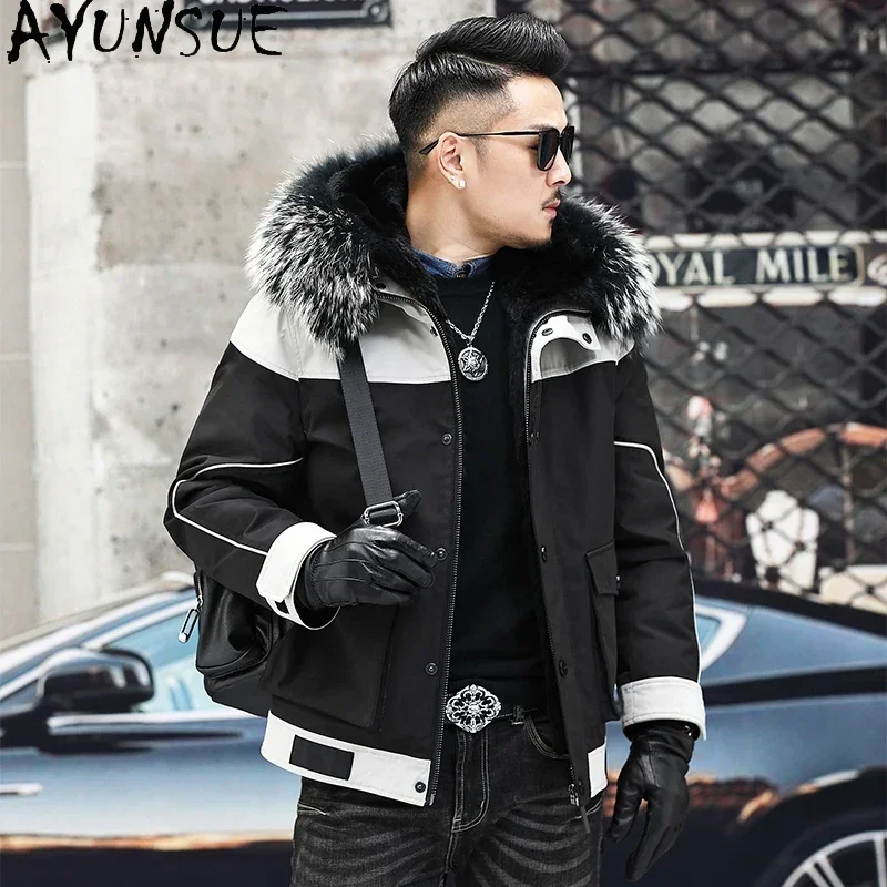 AYUNSUE ใหม่ Hooded Fur Parka Men Rex กระต่าย Fur Liner เสื้อแจ็คเก็ตที่ถอดออกได้บุรุษฤดูหนาวแจ็คเก็ตและ Coats Raccoon Fur Collar SGG753