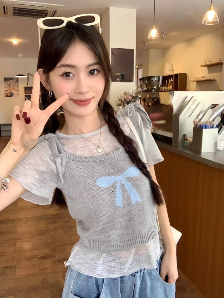 Y2k Harajuku Sweet T Shirts for Women Short Sleeve Solid Color Tops Tees Bow Jacquard Knit Tank Two Piece Set Casual Clothing