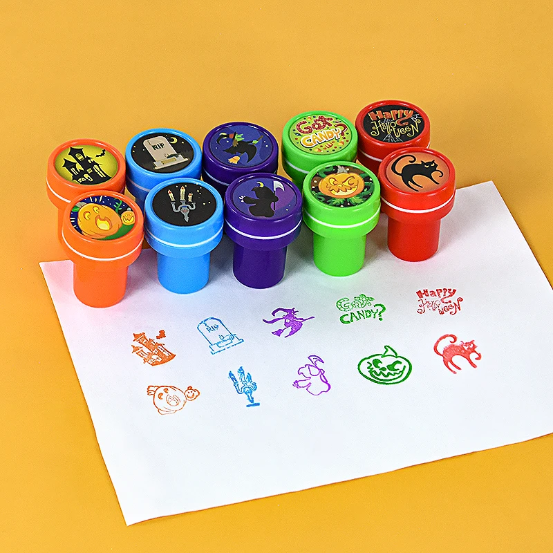 10pcs Cartoon Pumpkin Wizard Self-ink Stamps Toy Kid Favors Halloween Party Gife Happy Halloween Scrapbooking DIY Painting Decor