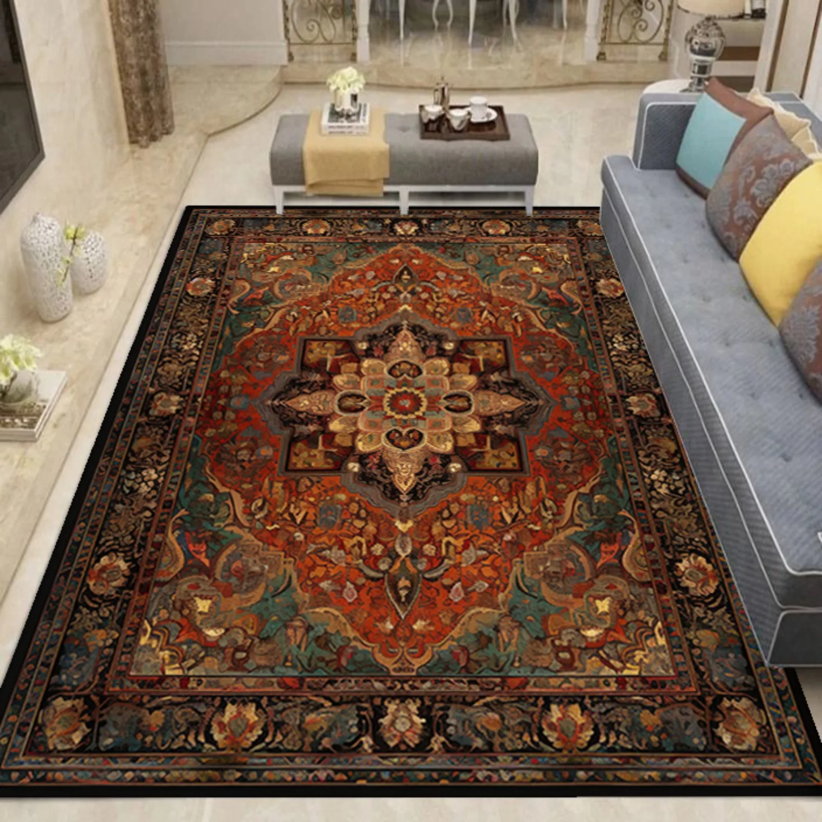 

Retro Persian Carpets for Living Room High-end American Luxury Hairless Tea Table Rug Bedroom Bedside Anti-slip Large Area Mat