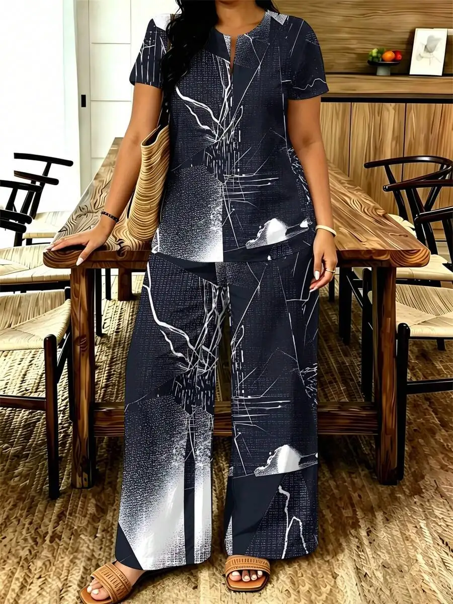 

Abstract Geometric Womens Plus Size V-Neck Short Sleeve Top And Wide Leg Pants Set Casual Modern Art Print