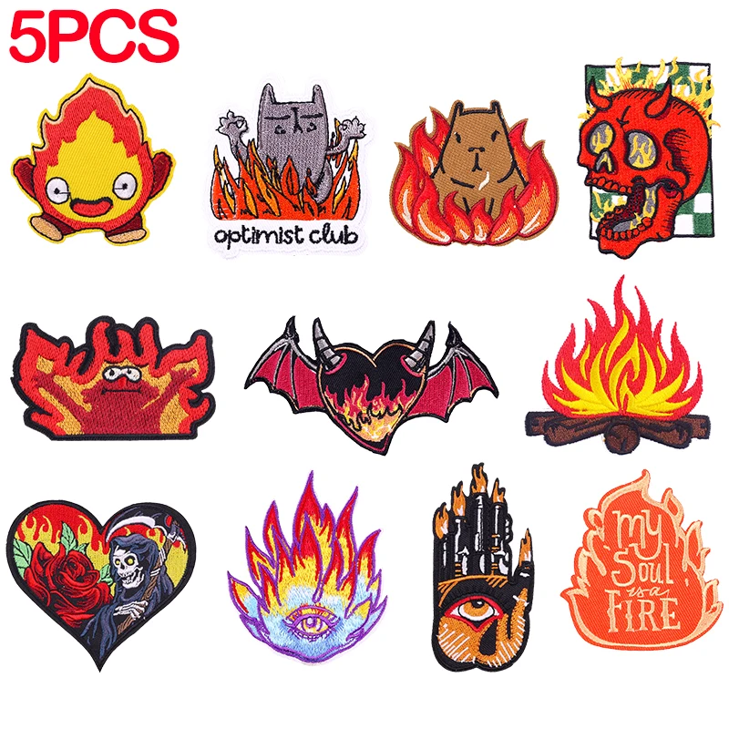 5 Stück/Lot Flame Series Stickerei-Patch, Cartoon/Punk-Patch, zum Aufbügeln auf Kleidung, thermoadhäsive Patches auf Kleidung, Dekor