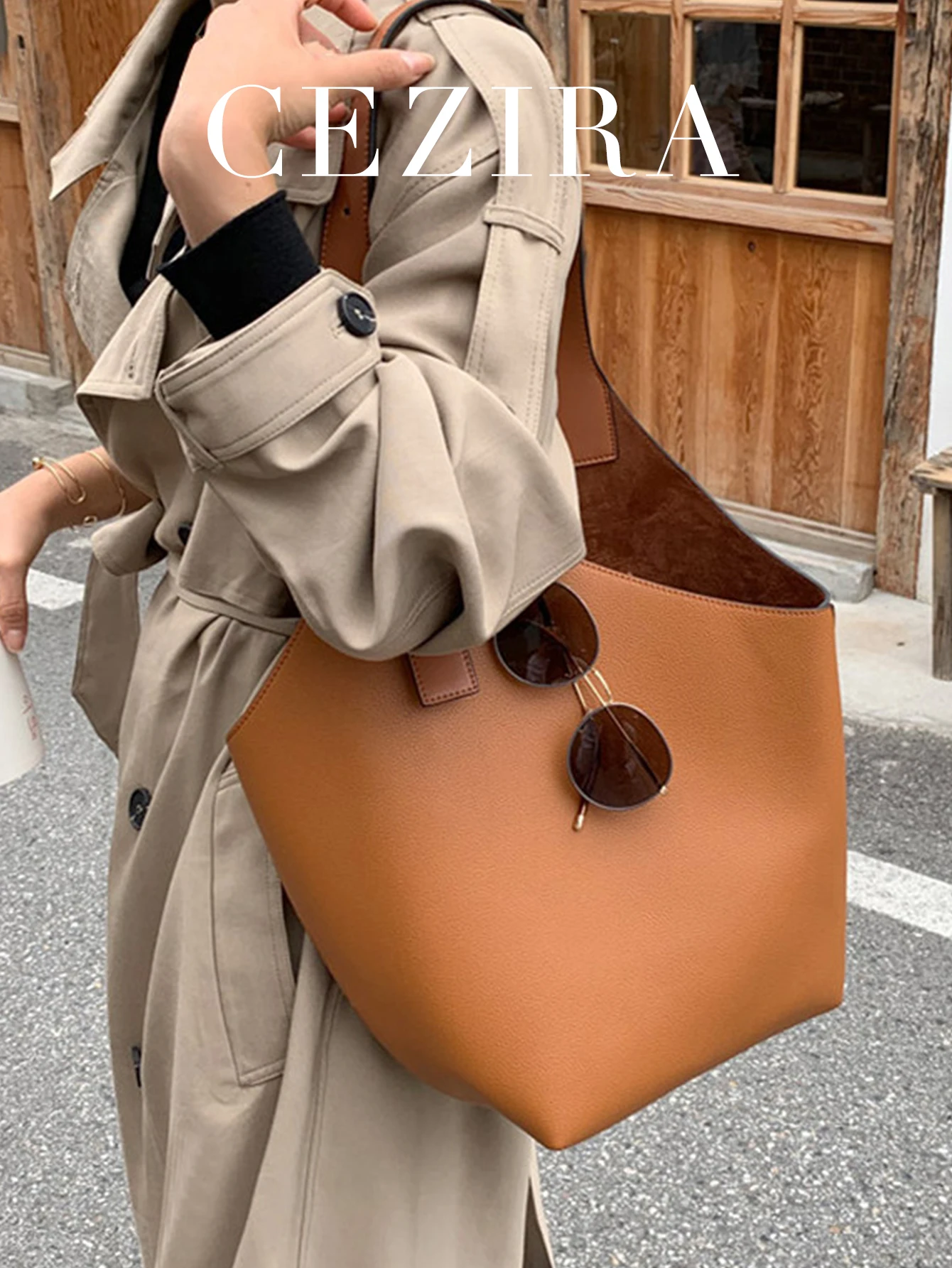 CEZIRA Women Brand PU Leather Shoulder Bags Fashion Casual Large Capacity Hobo Bucket Big Handbags with Inner Purse Daily Vegan