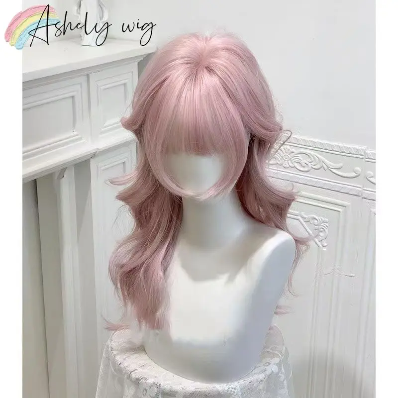 Ashely Wig for Women New Long Wavy Wig with Bangs Natural Lolita Pink Cute Hair Wigs High Temperature Fibers Synthetic Wig - view 2