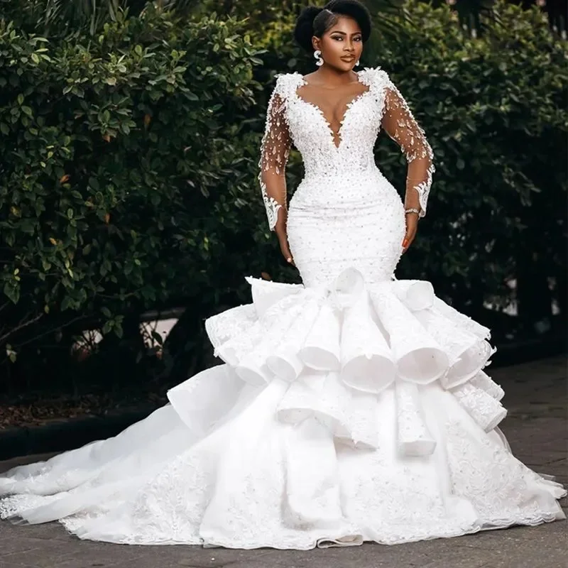 Abito da sposa a sirena taglie forti personalizzato Abiti da sposa per la sposa maniche lunghe a strati pura illusione maniche lunghe in rilievo