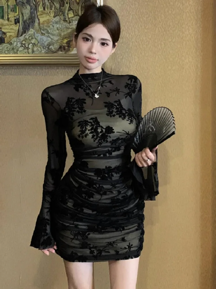 Topenomi Sexy Mesh Printed Party Dress Women Chinese Temperament High Waist Slim Flare Sleeve Night Evening Vestido De Festa