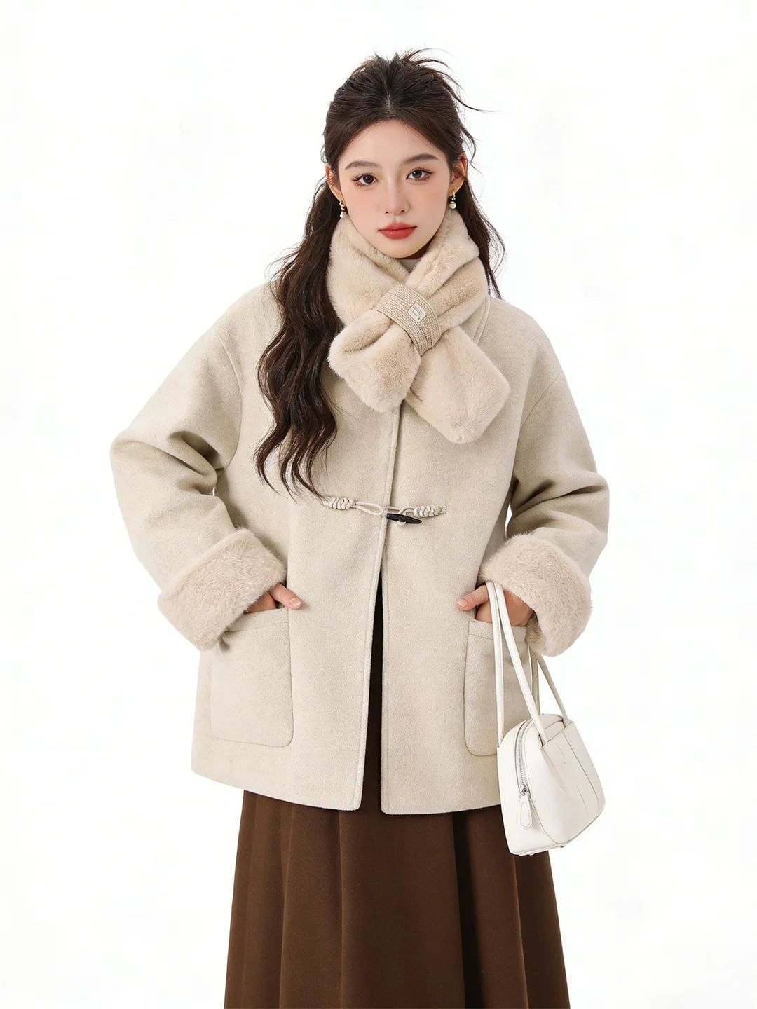 

Thiened Warm Retro Buttoned Woolen Coat Loose Slimming Medium-Length Korean Sle Soft Cozy Wind Coat Open Front Long Sve