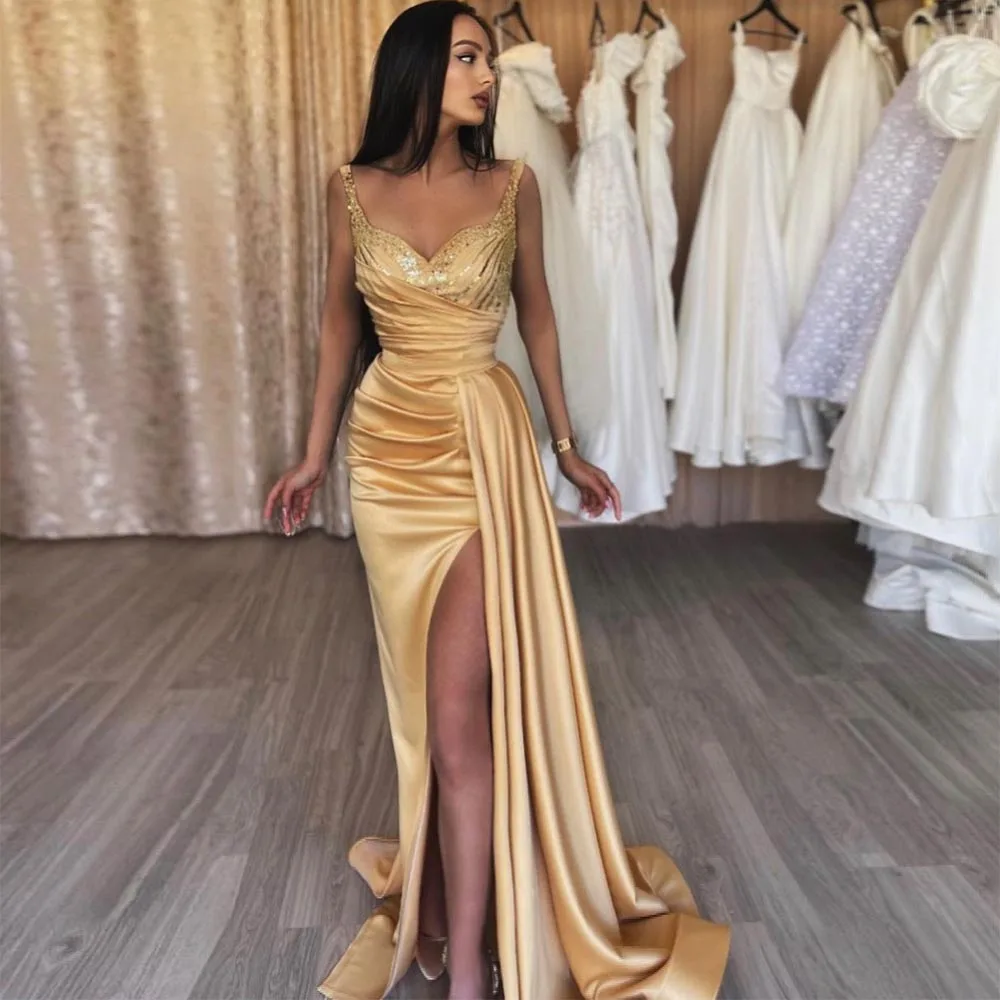 Angel Custom Elegant Gold Satin Formal Gown Custom Made High Split V Neck Spaghetti Straps Beaded Long Evening Prom Dresses