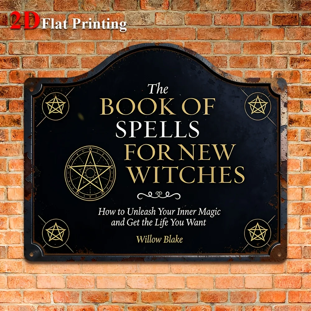 1pc 2D Flat Sign Artwork Showcasing 'The Book Of Spells For New Witches' Design, Adorned With Pentagram Symbols, Ideal For