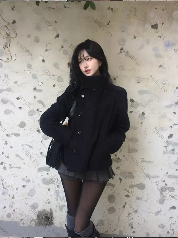 Damen Retro Slim Fit Dicker Wollmantel im Koreanischen Stil mit Hohem Kragen und Diagonalem Knopfdesign für Herbst und Winter Mode – Detail 6