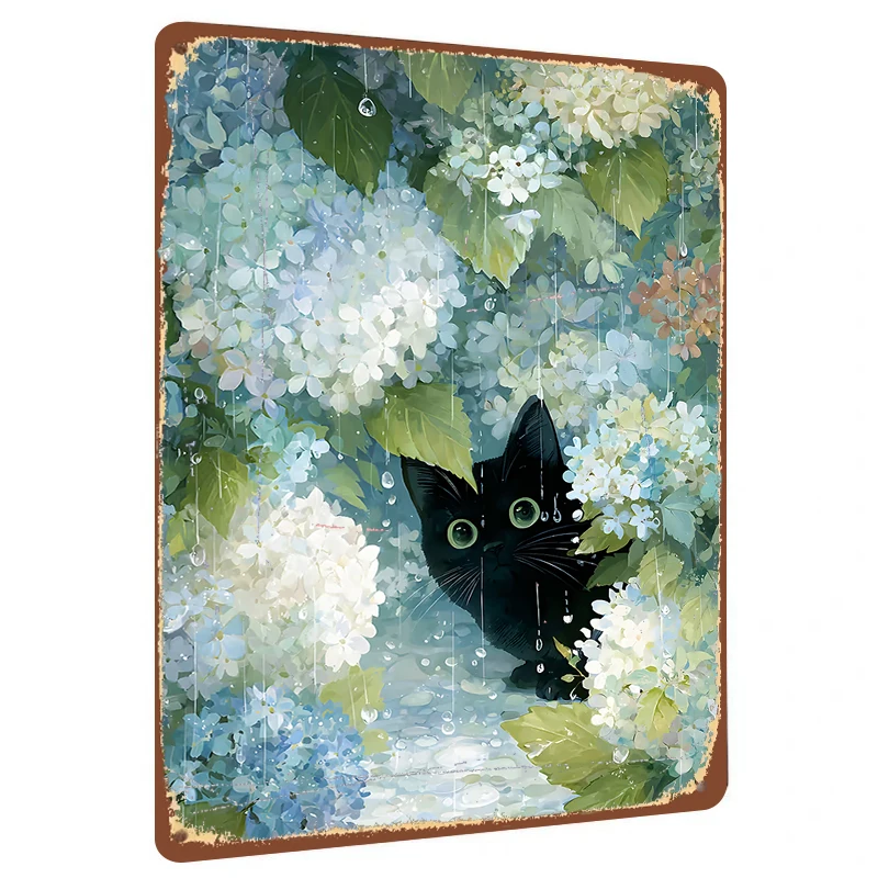 Black Cat in Hydrangea During Rain Custom Metal Wall Art Decor for Living Room Bedroom Home Decoration