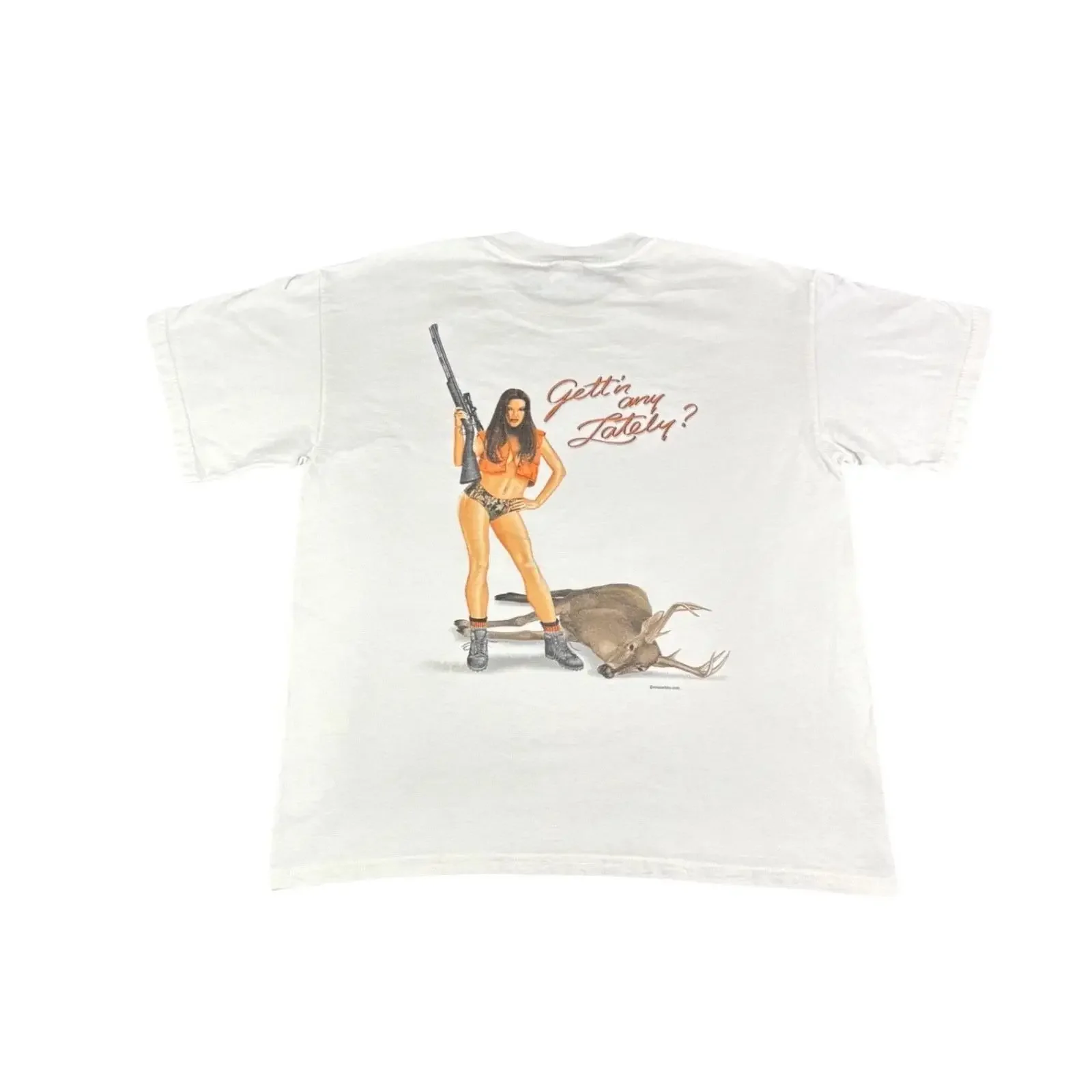 Vintage Erazor Bits Gettin Any Lately Hunting Pinup T Shirt White Large vintage Washed designer clothes Breathable Versatile