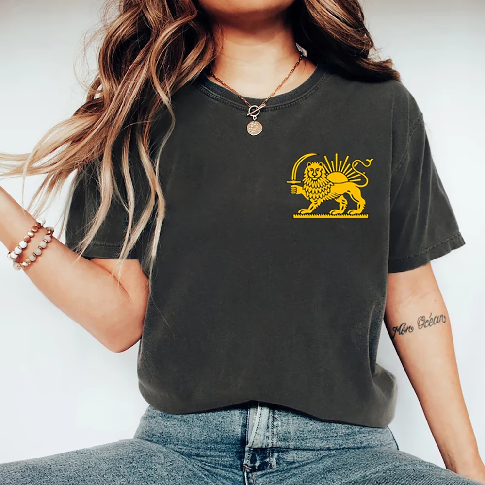 Persian Lion and Sun Pocket Shirt O Khorshid Logo Tee Iran Flag Symbol Heritage Gift Women Short Sleeve T-Shirt Streetwear Tops