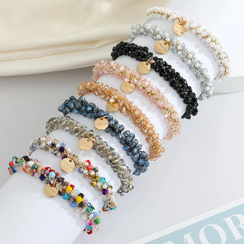 Women Crystal Pearls Hair Rope Handmade Elastic Rubber Band Beaded Ponytail Holders Hair Fashion Girls Headwear Hair Accessories