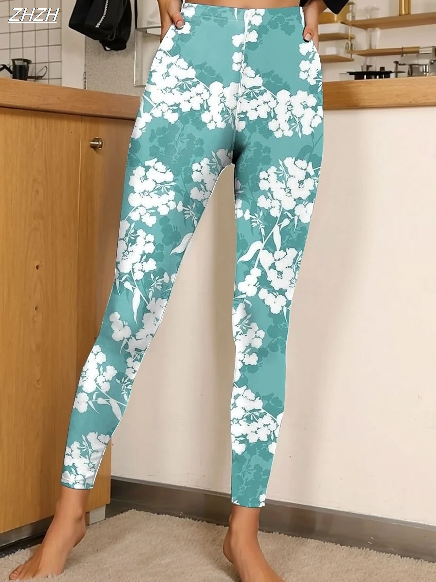

2025 женские леггинсы с цветочным рисунком, брюки из полиэстера, спандекса, эластичная резинка на талии, осенне-зимняя уличная одежда с контролем