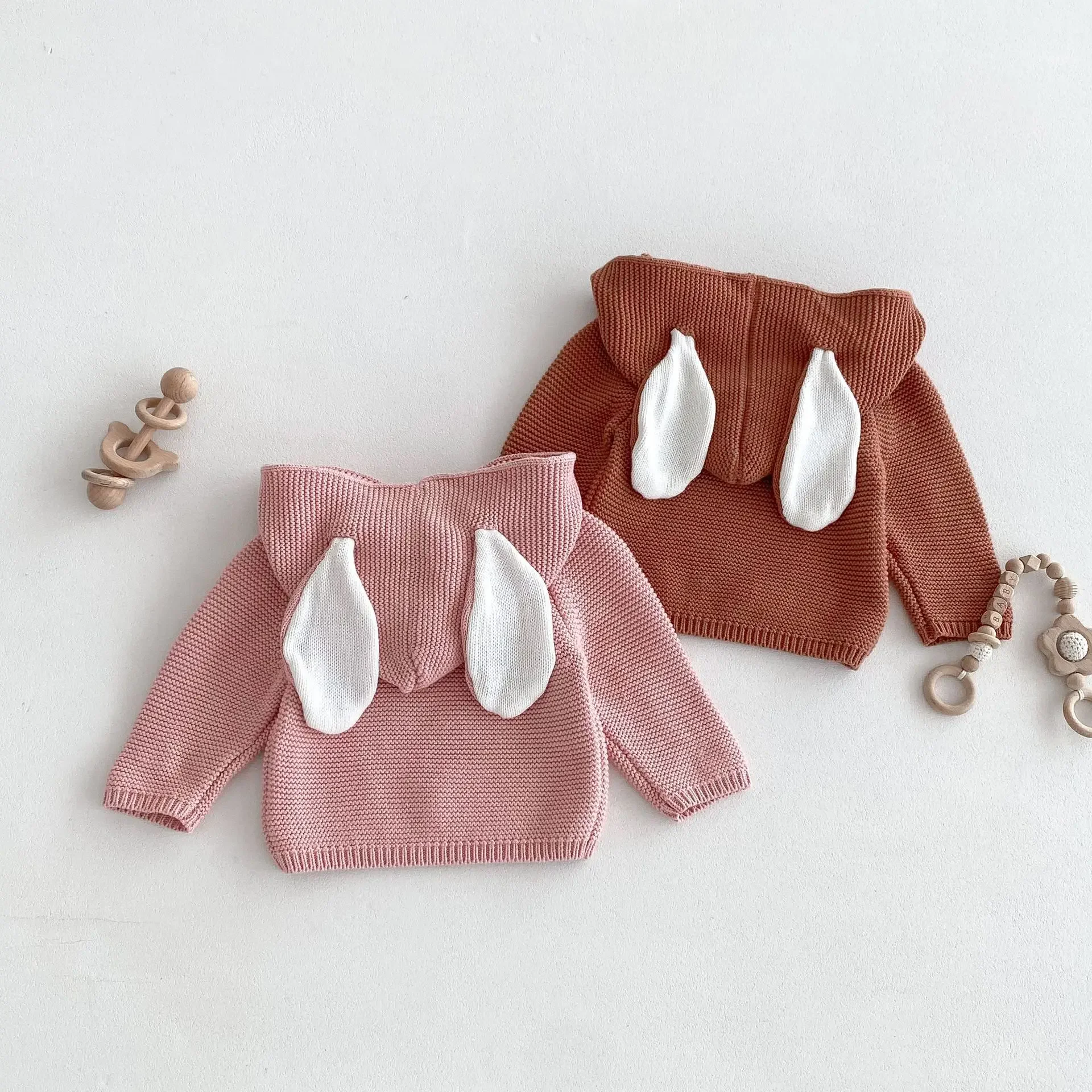 Infant Korean Autumn 2024 New Arrival Sweater Boys Girls Baby Rabbit Ear Hooded Knitted Top