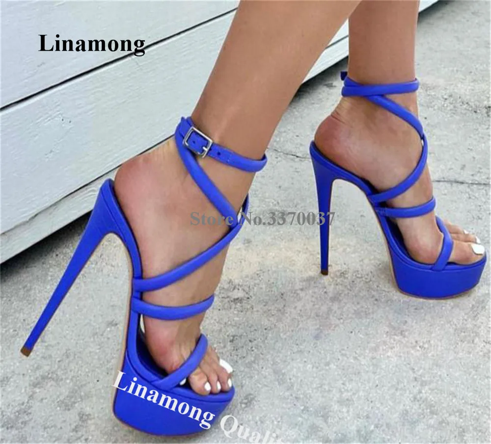 

Linamong Newest Straps Cross Thin Heel Sandals Sexy Open Toe High Platform Blue Pink Red Stiletto Heel Sandals Party Dress Pumps