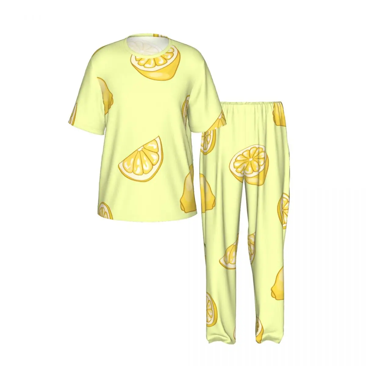 Men's Pajamas Set Summer Short-Sleeve Tops + Long Pants Nightwear Home Wear Suits Light Summer Lemon Sleepwear