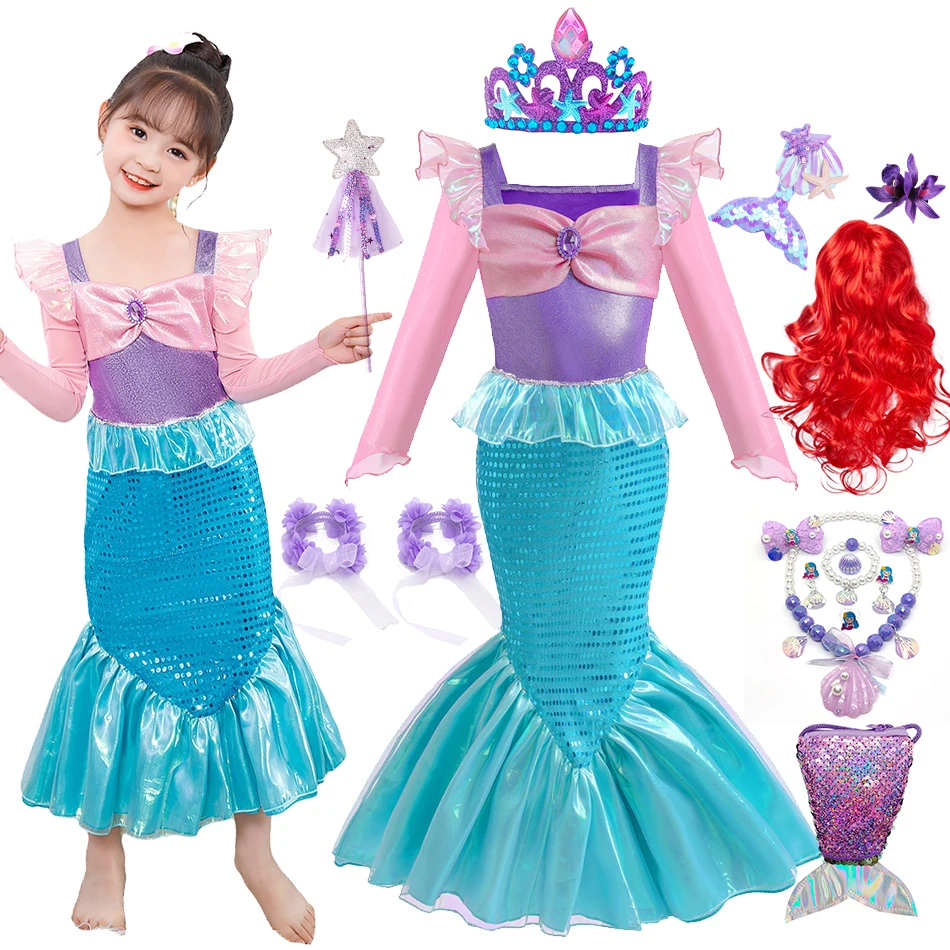 Long Sleeves Mermaid Dress For Girls Luxury Pink Ariel Clothes Ruffles Sequin Princess Costume Carnival Halloween Dress Up Sets