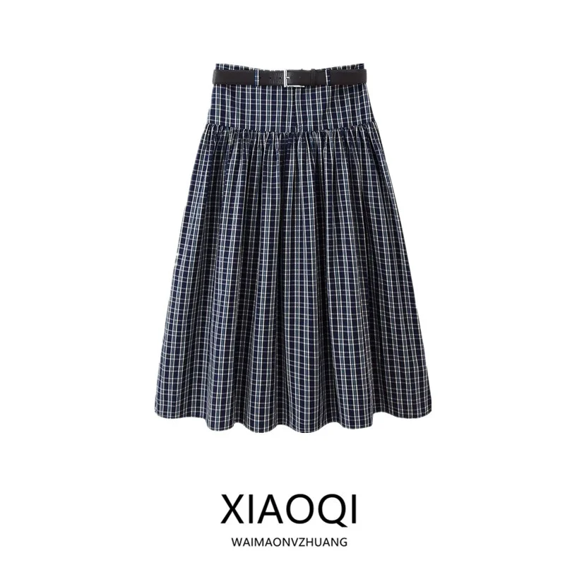 

Новая зимняя юбка-миди с поясом, средней талией, клетчатый дизайн, женская модная юбка-миди, повседневная одежда трапециевидной формы с силуэтом
