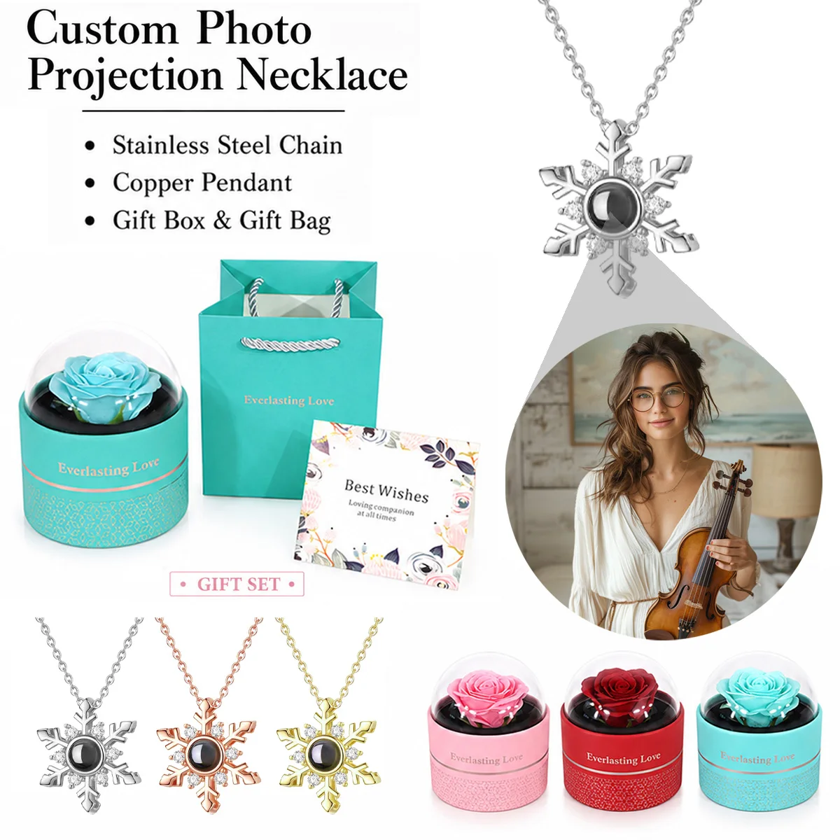 Custom Color Photo Projection Snowflake Necklace Rose Gift Box Stainless Steel Chain Valentine's Mother's Day Birthday For Women