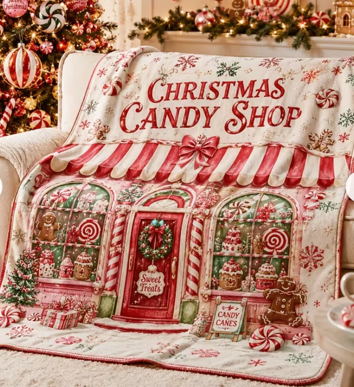 Blanket, Christmas Candy Store Carpet Mint Candy Gingerbread Lollipop Pattern Living Room Sofa Bedroom Nap Cover
