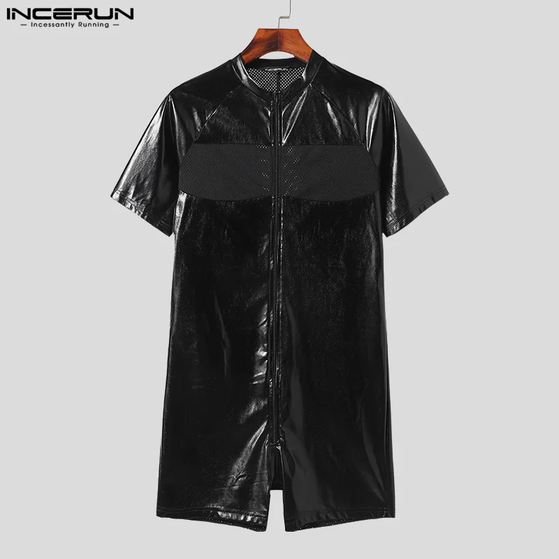 INCERUN 2024 Sexy Men\'s Fashion Jumpsuits Mesh Patchwork Casual Faux Leather Fabric Rompers Solid Short Sleeved Bodysuits S-3XL