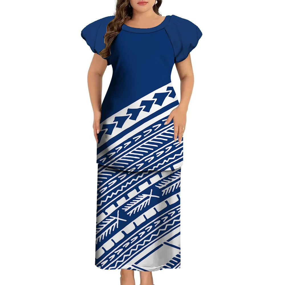 Tribal Ethnic Style Samoa Island Print Custom Polynesian Women'S Summer New Puletasi Set Long Dress Elegant Set Dress