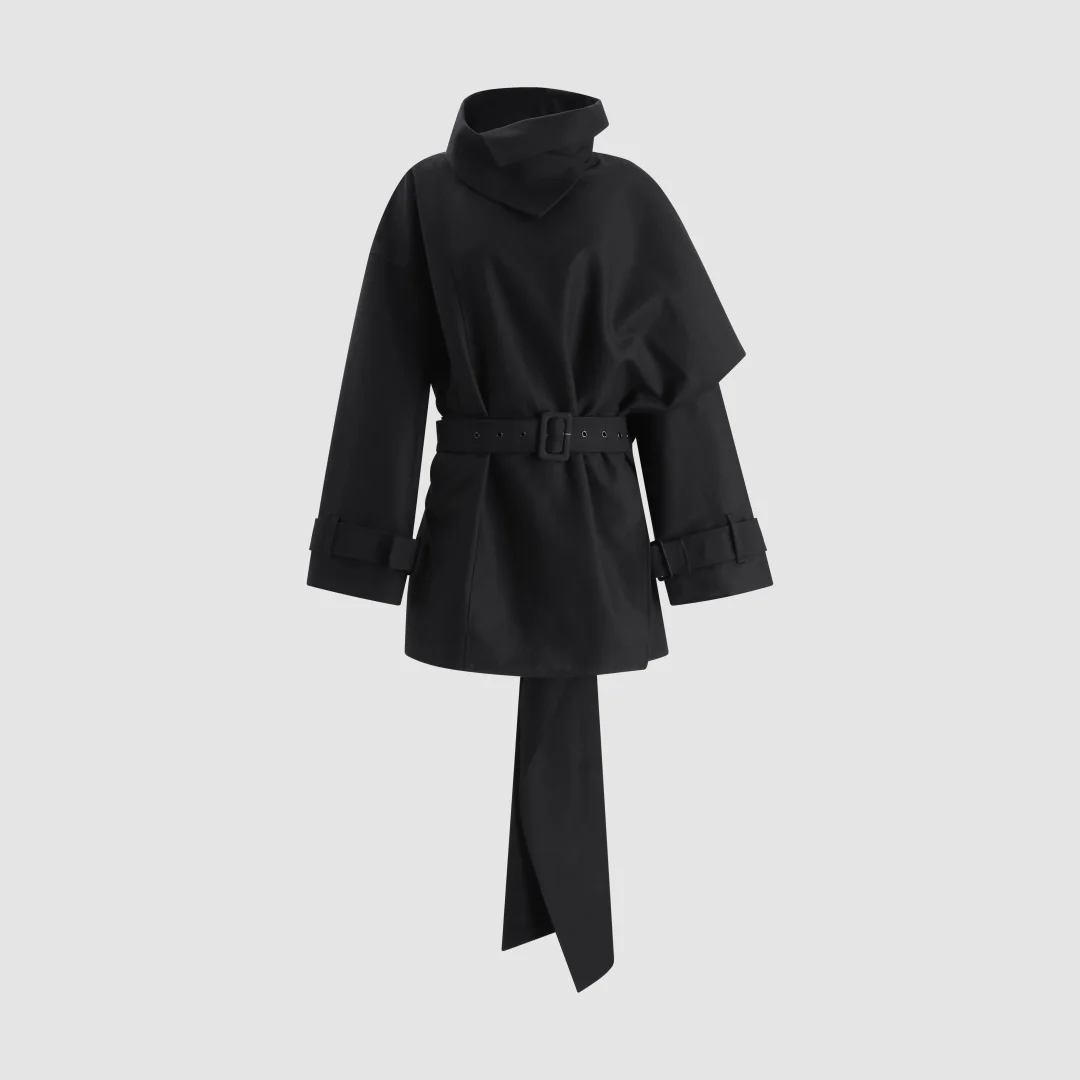 2026 Avant-Garde Cape-Sleeve Trench Coat – Black Belted Windbreaker with Asymmetric High Collar & Long Tie Waist