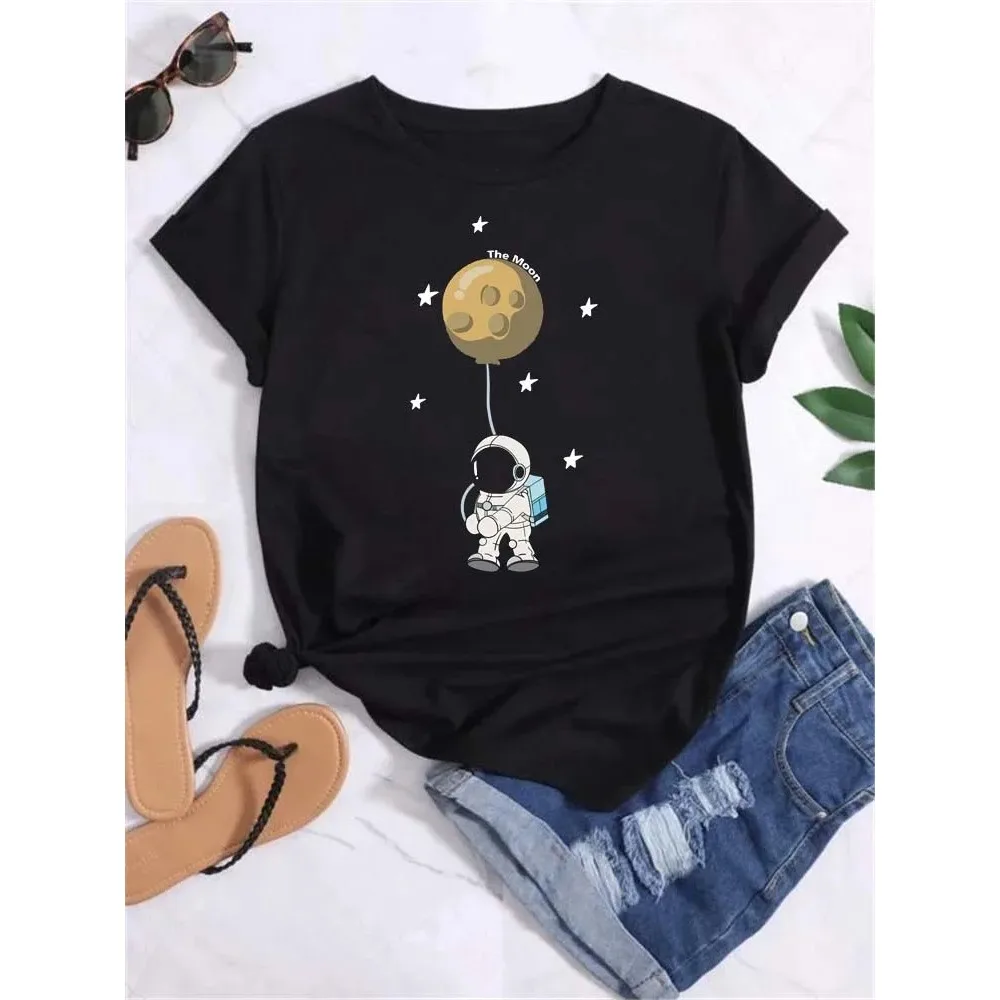 Maycaur T Shirt Women Moon Planet Print Fashion Tee Shirts Casual Round Neck Short Sleeve Streetwear Female T-Shirt Vintage Tops