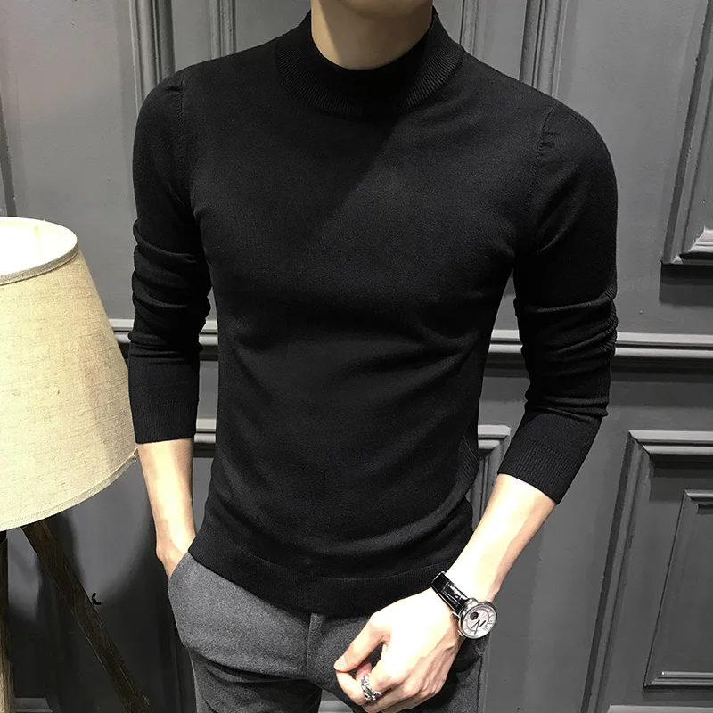 

Модный корейский мужской вязаный свитер с длинным рукавом, повседневный, приталенный, с высоким воротником, однотонный, осенне-зимний, базовый слой
