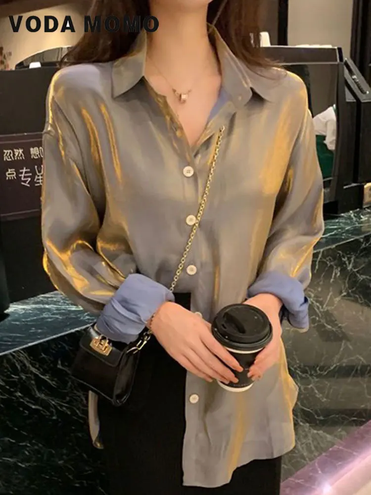 2023 Spring Fashion Loose Turn Down Collar Satin Shirt Woman Button Up Elegant Vintage Long Sleeved Silk Women Advanced Sense