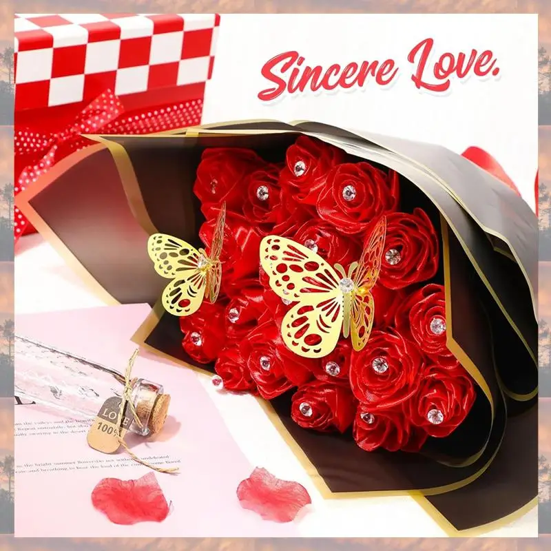 

2025 Trend 178 шт. DIY лента для букета цветов, комплект атласной ленты, цветочная упаковочная бумага, цветочная золотая лента-бабочка, булавки со стразами