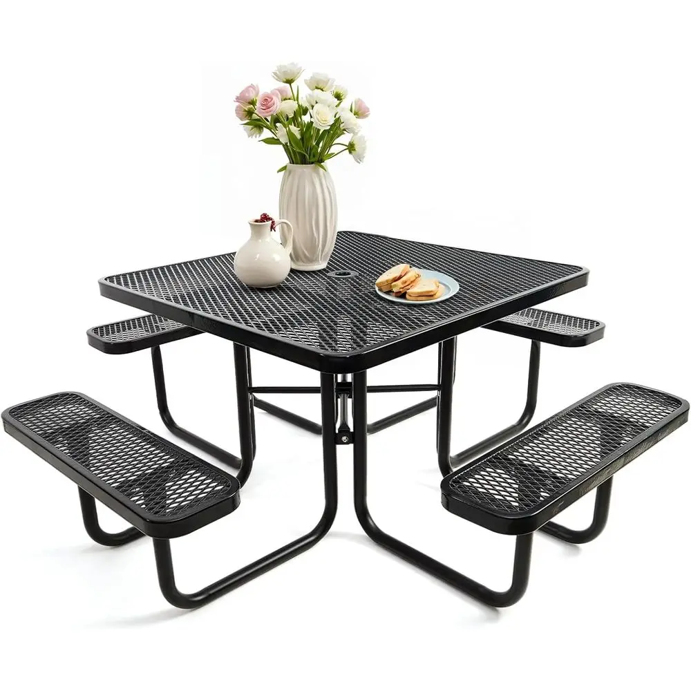 

47 Heavy-Duty Square Picnic Table with 4 Benches for 8, Outdoor Patio Dining Set with Umbrella Hole