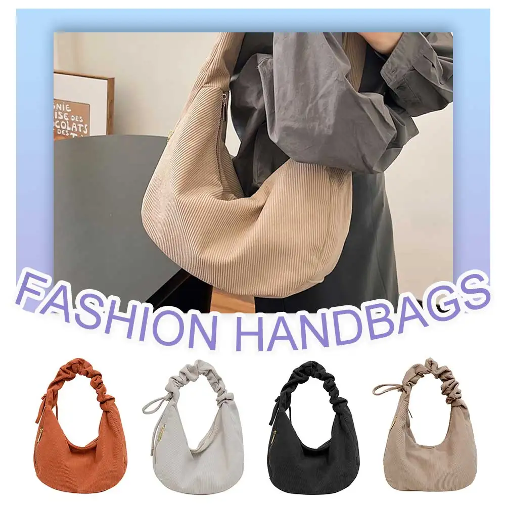 Women Corduroy Shoulder Bag Ruched Slouchy Tote Bag Adjustable Strap With Zipper Hobo Purse Shopping Travel Casual Shoulder Bag