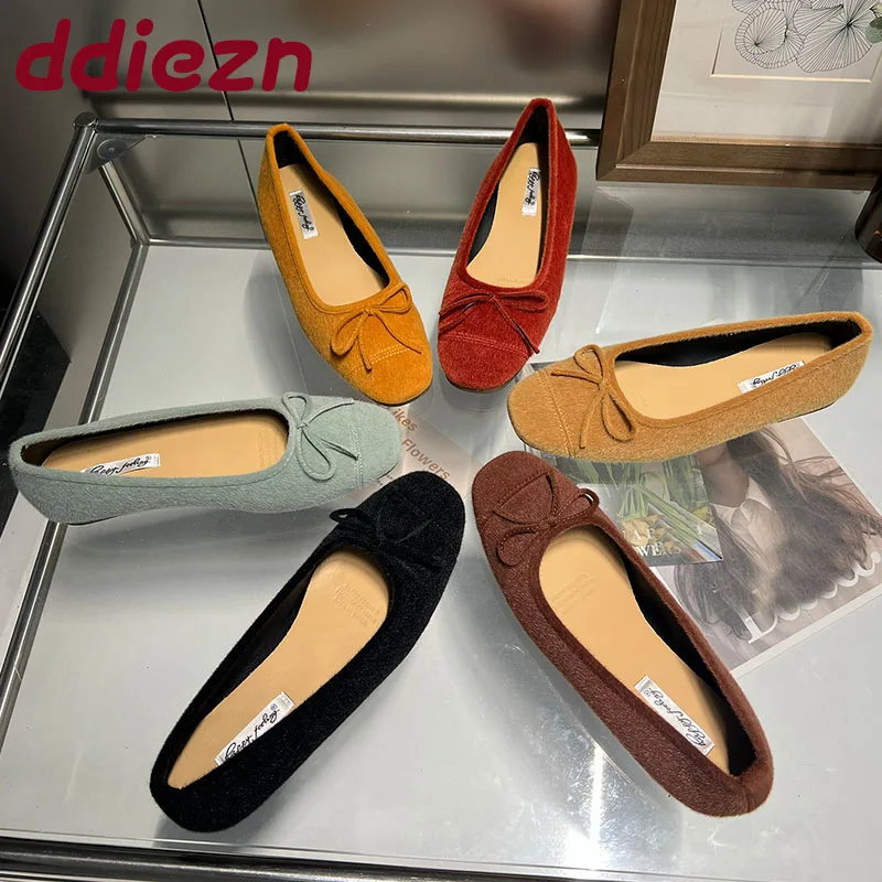 

Женская обувь с узлом-бабочкой, женские балетки из флока, модные женские туфли без шнуровки на плоской подошве с круглым носком