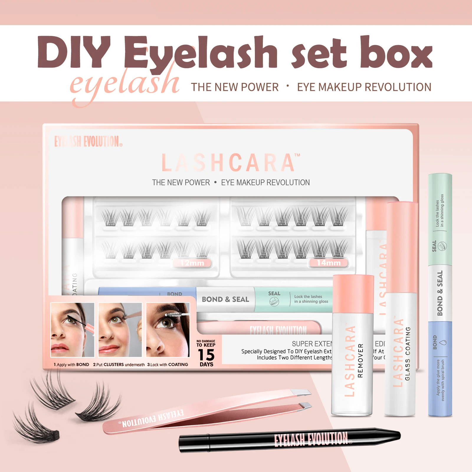 ETVITE DIY eyelash extension kit including glue remover, raincoat tweezers and 40 extra clusters of volumizing false eyelashes